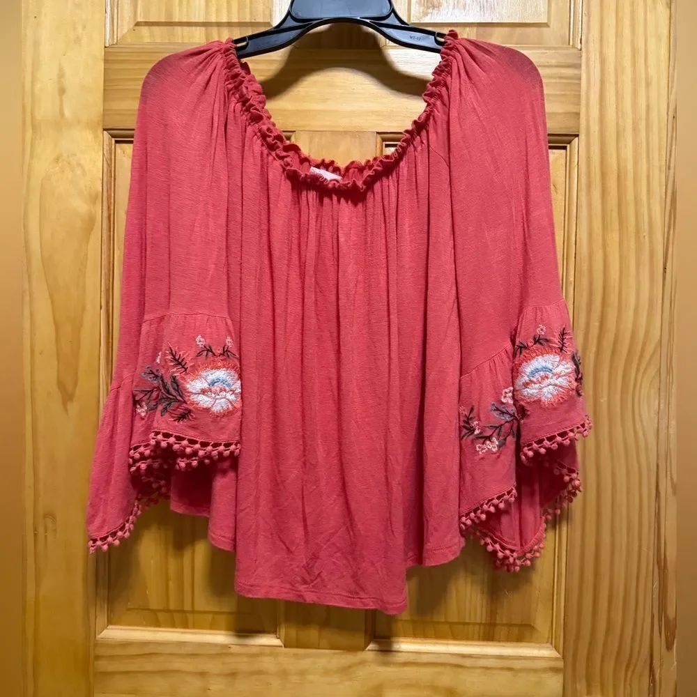 Altar'd State Vibrant Orange Gathered Blouse floral embroidered size M